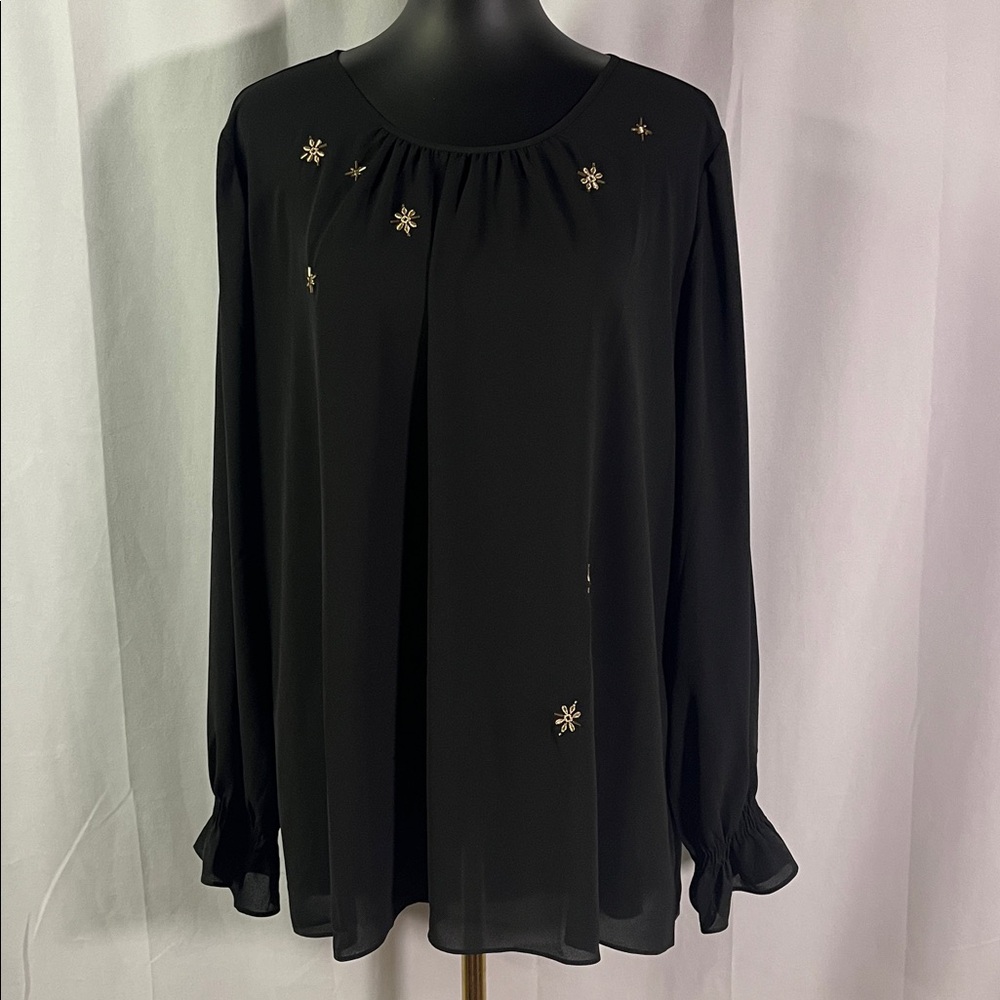 NWT Dennis by Dennis Basso Black Beaded Embroidered Long Sleeve Blouse